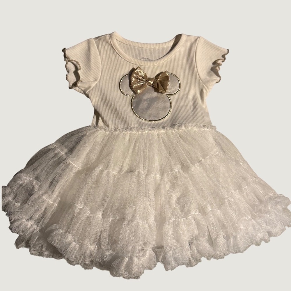 Disney Minnie Mouse Baby Girl White Tulle Tutu Dress Gold Bow 18M